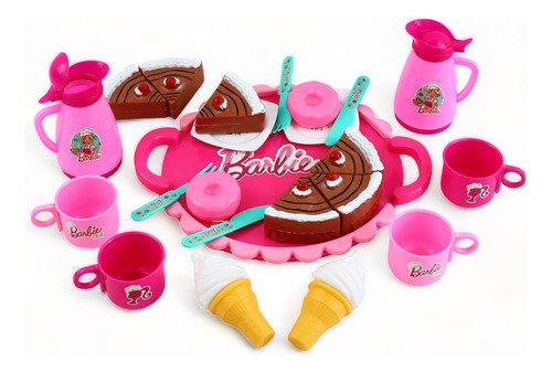 Set Juego De Te Barbie Postres Pastel Charola Juguete Cocina Color Rosa