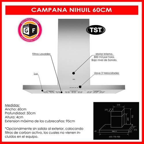 Imagen 2 de 10 de Campana De Cocina Tst Nihuil 60 Cm Pared - Envio Gratis!!!