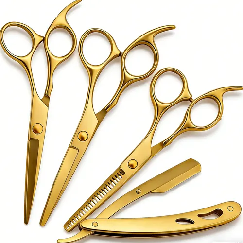 Kit 4 Tesoura Profissional  Fio Laser Navalha Desfiadeira Dourado Fio Laser Navalha Desfiadeira Barba 4 Peças