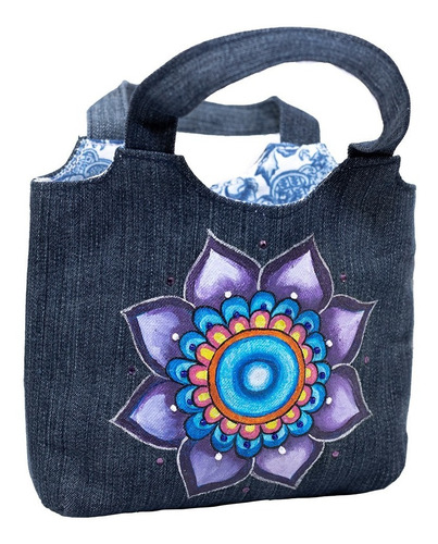 Bolso Mini Cuadrado Elaborado Con Mezclilla Pintado Mándala (Reacondicionado)