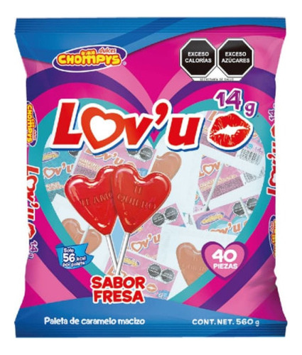 3 Pzas Paleta Chompys Lov'u Fresa 40 Pzas