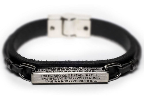 Pulseira Couro Masculina Pai Nosso Prata E Preto