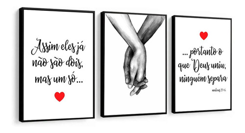 Kit 3 Quadros Para Quarto De Casal Frase Com Moldura Decor Cor Branco Cor da armação Preto