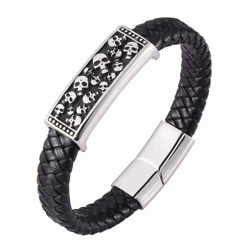 Pulsera De Piel Y Acero Modelo Skull Biker