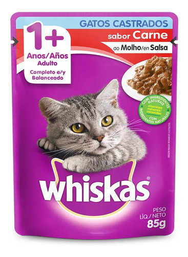 Alimento Úmido Whiskas Sache Castrados Carne 85g Gato Adulto