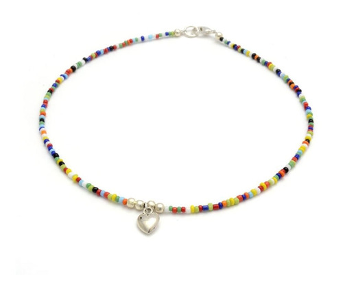 Collar Multicolor Mostacillas Dije Corazón De Acero Blanco 