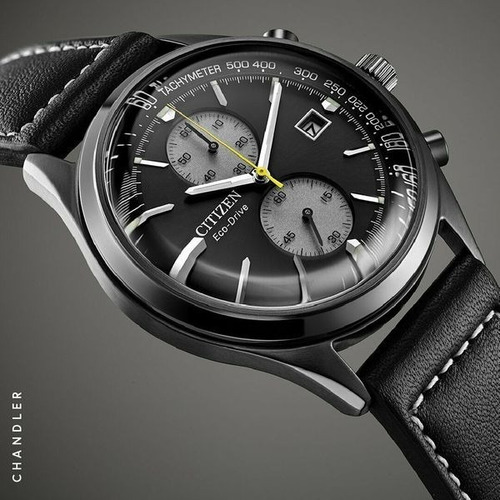 Citizen Chandler Black Leather Chrono Ca7027-08e Color de la correa Negro Color del bisel Plata Color del fondo Negro