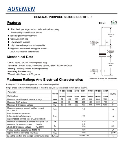 Aukenien Diodo Rectificador Amperio Voltio Electronic Axial