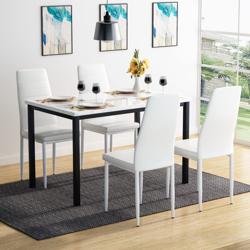 Juego De Mesa De Comedor 5 Piezas Con Mesa Mármol Sintético