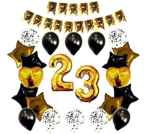 Combo Cumple Banderin Globos Numeros Dorado Negro