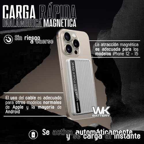 Power Bank 10000mah Batería Externa 15w Carga Rápida Wekome Color Gris