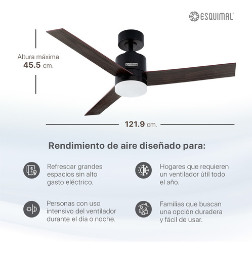 Ventilador De Techo Con Lámpara Led Esquimal, Abanico 121.9 Cm Función Reversible, Aspas De Madera Doble Vista, 6 Velocidades, Temporizador 4 Hrs