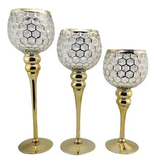 Juego De 3 Copas Porta Velas Figura Hexagonal Y Base Dorada