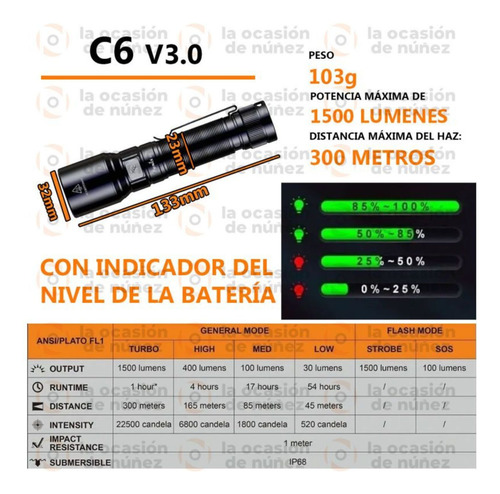Linterna De Mano Fenix C6 V3.0 1500 L 300mts Tactica Led