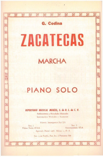 Zacatecas Marcha Para Piano Solo