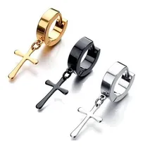 Comprar Pendientes de aro con forma de cruz para hombre, color negro, acero inoxidable 316L, color dorado, plateado, negro, cruz y agujero