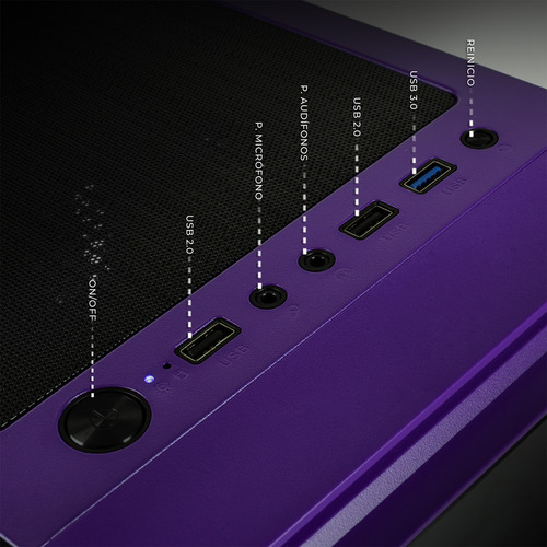 Gabinete Gamer Xtreme Pc Gaming Eva 01 Comic Edition Media Torre Atx 4 Fan Argb Cristal Templado Violeta