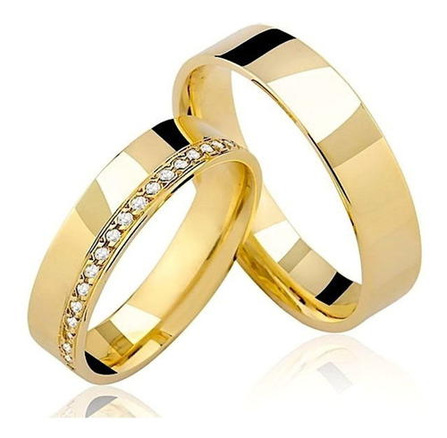 Par Alianças De Ouro 18k Retas Com 20 Diamantes 5mm 9gr