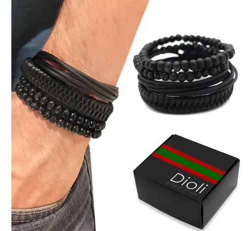 Kit Pulseiras Masculinas Couro Bolinhas Preta Ajustável C/4