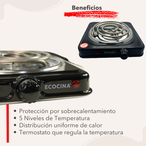 Parrilla Estufa Electrica 1 Quemador Acero Inoxidable 1000w Negro