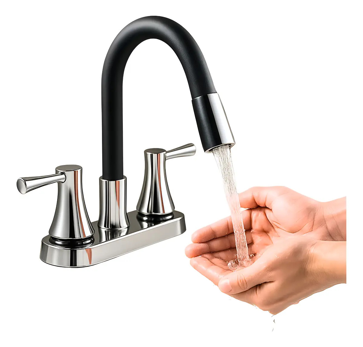 Mezcladora Baño Lavabo Roalflux Cuello Flexible Silicona Negro/plateado