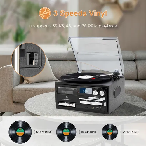 Tocadiscos Vintage 9 En 1 Bluetooth 3 Velocidades Usb Radio