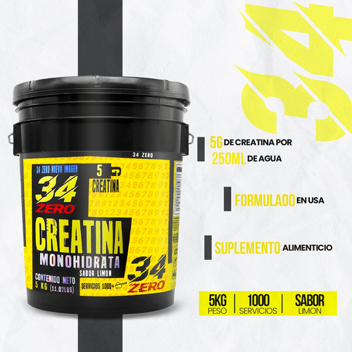 34 Zero Creatina Monohidratada 5kg 1000 Servicios Sabores Limón