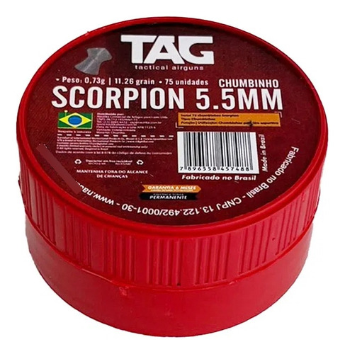 Chumbinho 5,5mm Scorpion Tag 75 Unidades De 0,73g Nautika