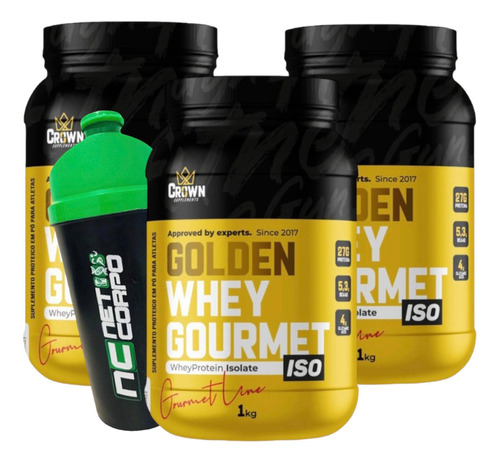 Kit 3 X Whey Gourmet 1kg Isolado Concentrado Baixo Carbo 3kg Sabor 1 X Cookies 1 X Cappuccino 1 X Baunilha