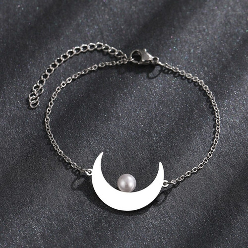 Imagen 6 de 8 de Pulsera Mujer Acero Inoxidable Luna Perla Plateada Regalo