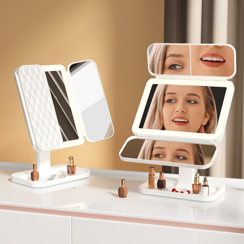 Espejo De Maquillaje Triple Plegable Con Luz Led Y Aumento