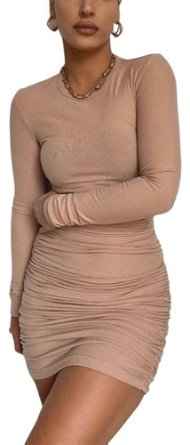 Vestido Mini Básico Cuello Redondo Manga Larga Para Mujer,