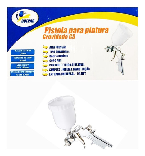 Pistola De Pintura Gravidade Guepar G3 Leve + Engate Cor Cinza