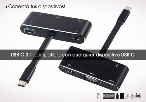 Adaptador Usb C Hdmi Vga Audio 3.0 Usb Carga 5 En 1 Mhl Otg Color Negro