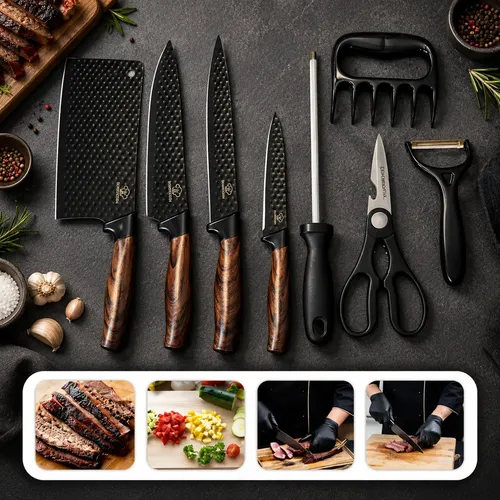 Kit Conjunto De Facas Churrasco Inox Afiadas 8 Peças Premium Marrom