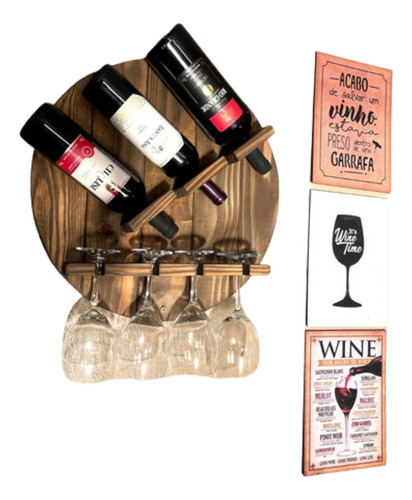 Adega Rústica Com Porta Taças De Vinho + Placas Decorativas