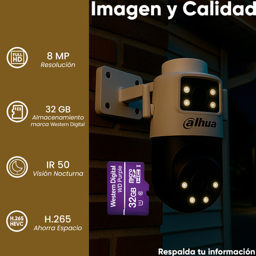 Kit Cronos Cámara De Seguridad Dahua Ip Pt Dh-ipc-wpt1439dd-s 4e2-pv Wifi Cruiser Dual 8mp Iluminador Dual Audio Doble Vía Alarma Auto Tracking + Microsd 32gb + Accesorios Cctv Wpt1439dd-plus-32