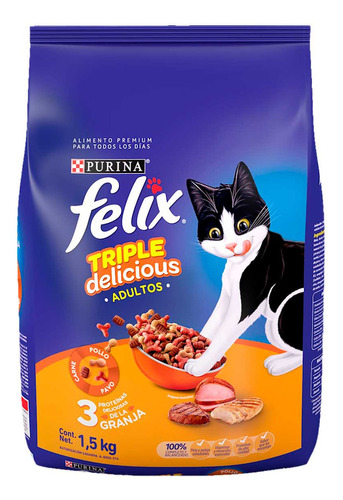 Purina Felix Triple Delicious Granja Gatos Adultos Pollopavocarne 1.5kg