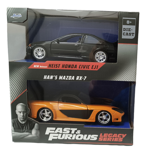 Fast & Furious Escala 1:32, Honda Civic Ej1- Mazda Rx-7 Jada