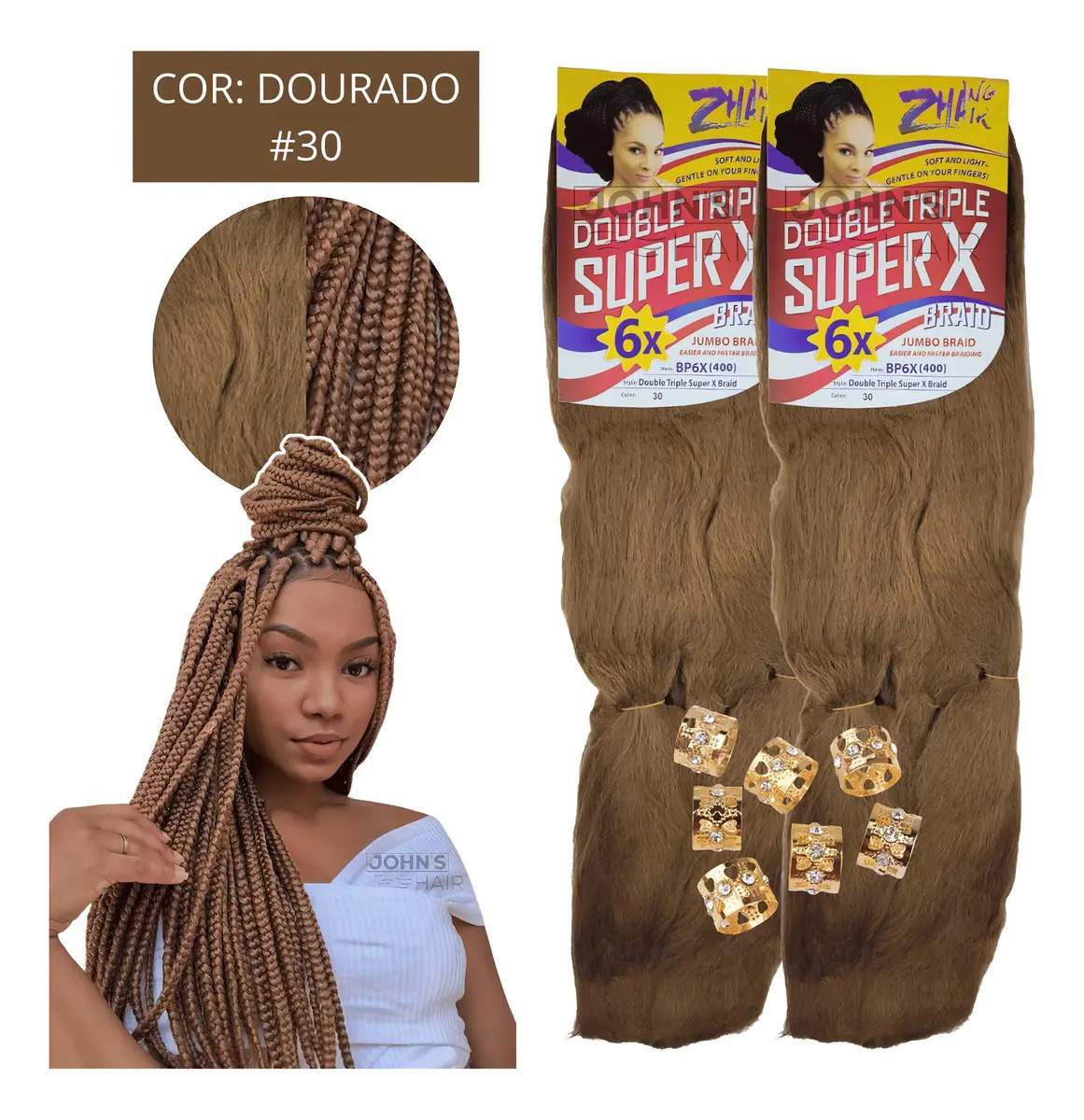 Kit 2 Pacotes Cabelo Jumbo Super X Box Braid 400g + Anéis Cor Dourado #30