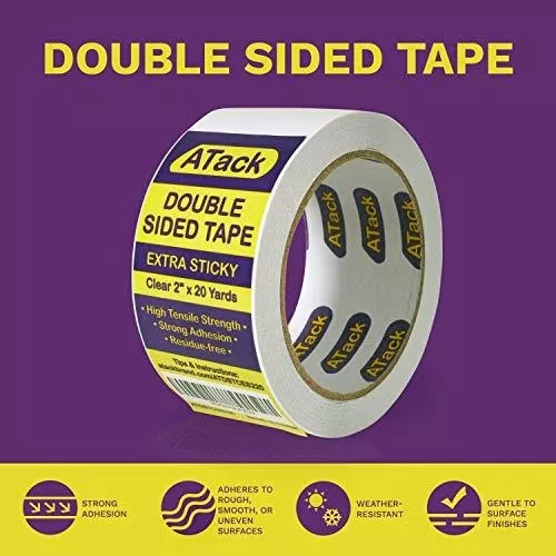 ATack Extra Sticky Clear Double-Sided Tape, Removable, 2-Inch x 20-Yards -  Wall Safe Heavy-Duty Double Sides Self Sticky Wall
