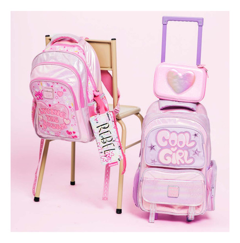 Mochila Carro Mooving Quitapesares Lovely Cat 10l Ruedas Color Fondo Rosa Diseño De La Tela Gatito Peluche Gato