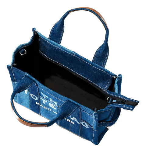Bolsa Marc Jacobs Denim Tote Mini H016m06fa21 Acabado De Los Herrajes Níquel Color Azul Correa De Hombro Azul Diseño De La Tela Patchwork