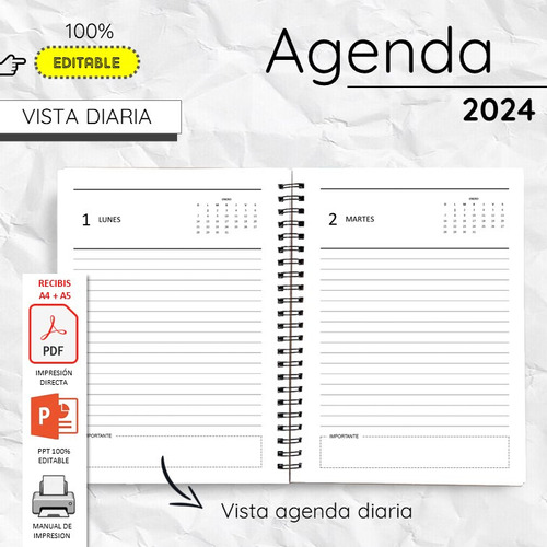 Pack Imprimible Agenda 2024 Diaria Editable A5 (ppt + Pdf)