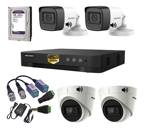 Kit Completo 4 Camaras Con Audio 1080p Hikvision Disco 1tb