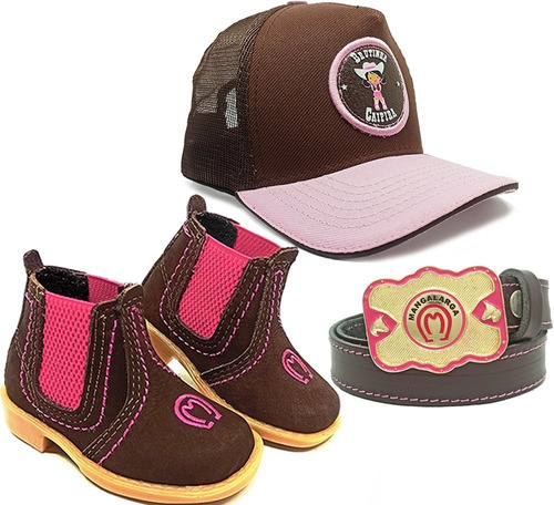 Kit Infantil Bota Mm Boné Kids Brutinha Cinto C Fivela Rosa