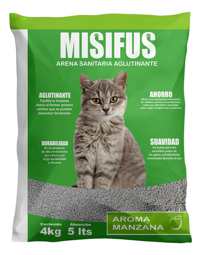 Arena Para Gatos Sanitaria Aglutinante Misifus Manzana 24 Kg