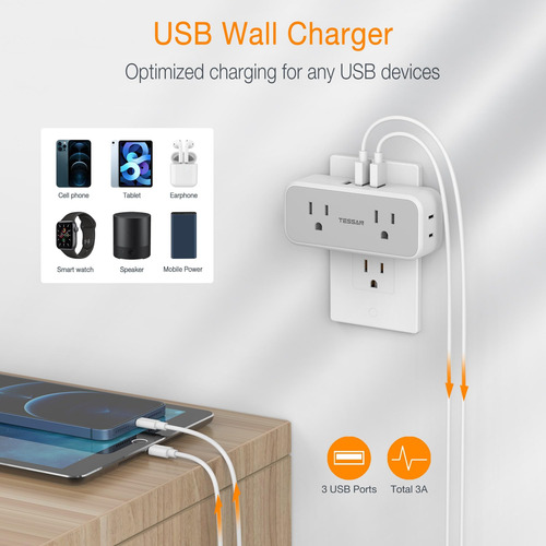 Regleta Multicontacto Pared Usb 4 Salidas 3 Puertos Usb