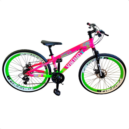 Mountain bike VikingX Tuff 25 aro 26 13" 21v freios de disco mecânico câmbios Shimano Tourney TZ31 cor verde/rosa com descanso lateral