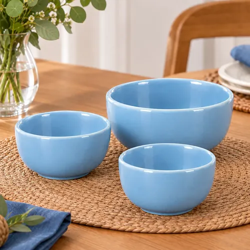 Jogo 3 Bowls Cerâmica Tigela 2 Pequenos 190ml + 1 Médio 390m Azul-claro